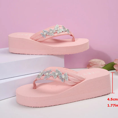 Pink Crystal Flower Wedge Heels - Women’s Platform Clip Toe Beach Sandals