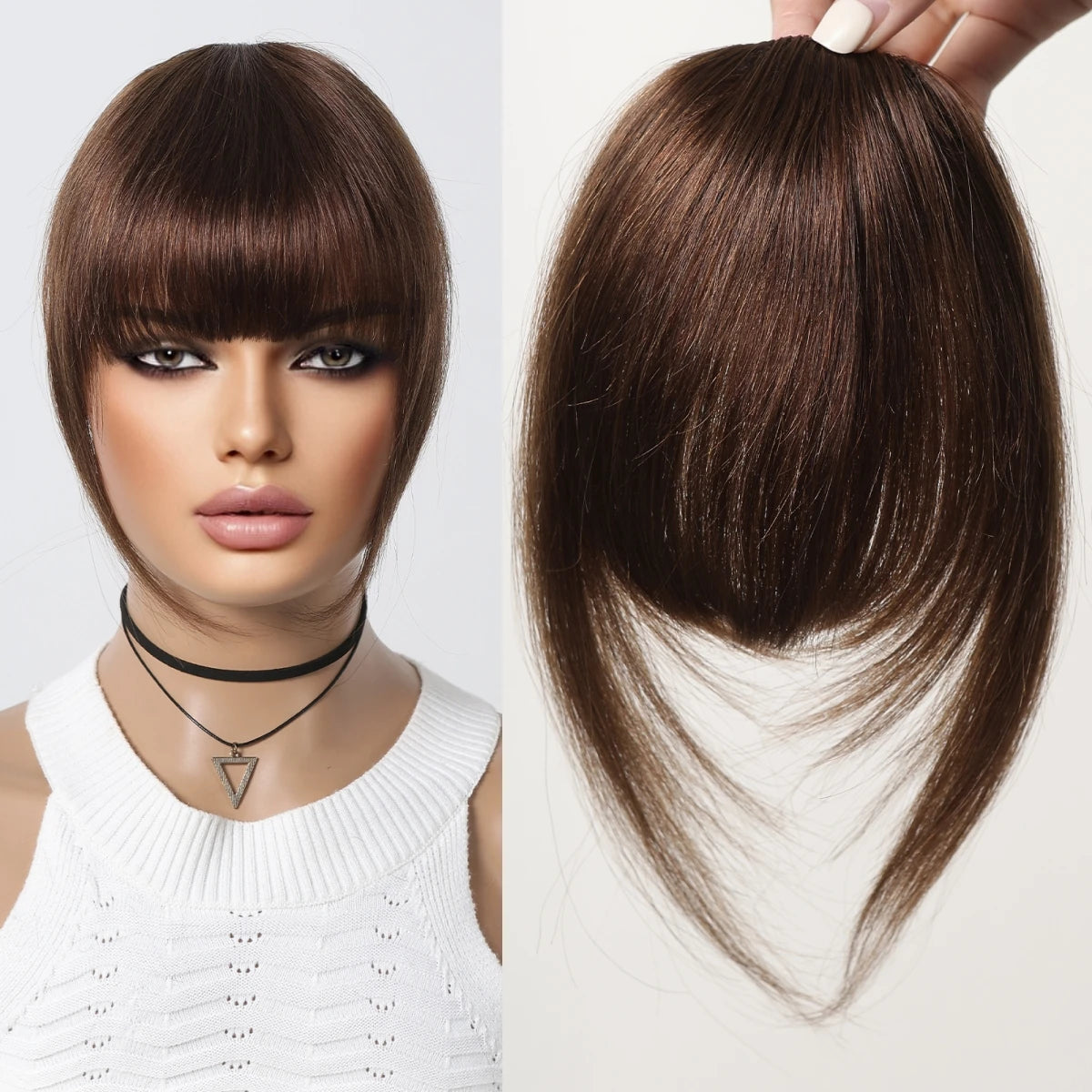 Clip-In Bangs for Women - 100% Human Hair, Thick French Natural Black Brown Hairpieces with Temples