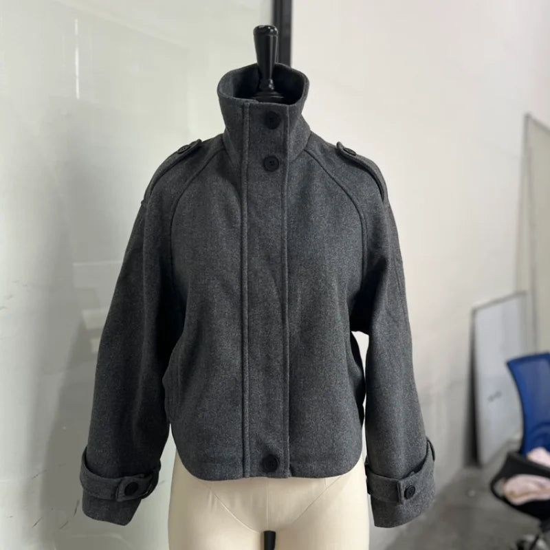 Women’s Short Woolen Coat - Stand Collar Loose Zipper Jacket for Spring Autumn Fashion Outerwear