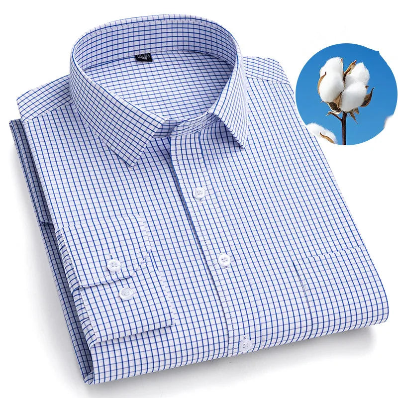 Men’s Plaid Stripe Long Sleeve Shirt - Casual Business Formal Office Shirt with Single Pocket for All Seasons