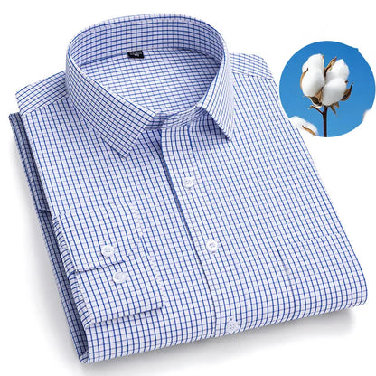 Men’s Plaid Stripe Long Sleeve Shirt - Casual Business Formal Office Shirt with Single Pocket for All Seasons