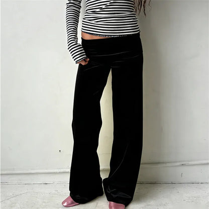 Women's Wide Leg Fold Over Pants - Solid Color Y2K Casual Streetwear Trousers