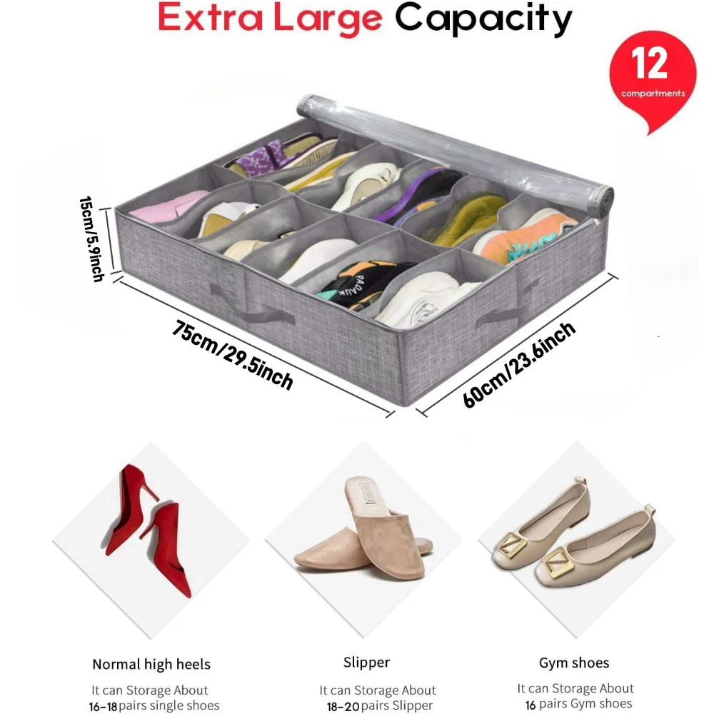 Under-Bed Shoe Storage Organizer Box — Collapsible Closet Container for 12 Pairs with Reinforced Handles