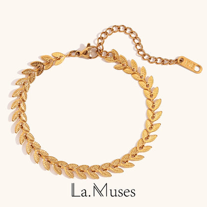 La.Muses Gold Plated Leaf Chain Necklace – Stainless Steel Fishtail Design Bracelet & Anklet Jewelry Set for Women