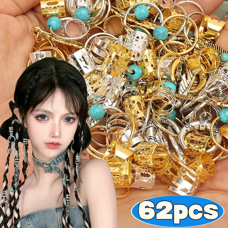 31PCS Turquoise Hollow-Out Hair Rings — Dreadlock & Braid Beads, Hair Braid Tubes Charm Jewelry for Styling