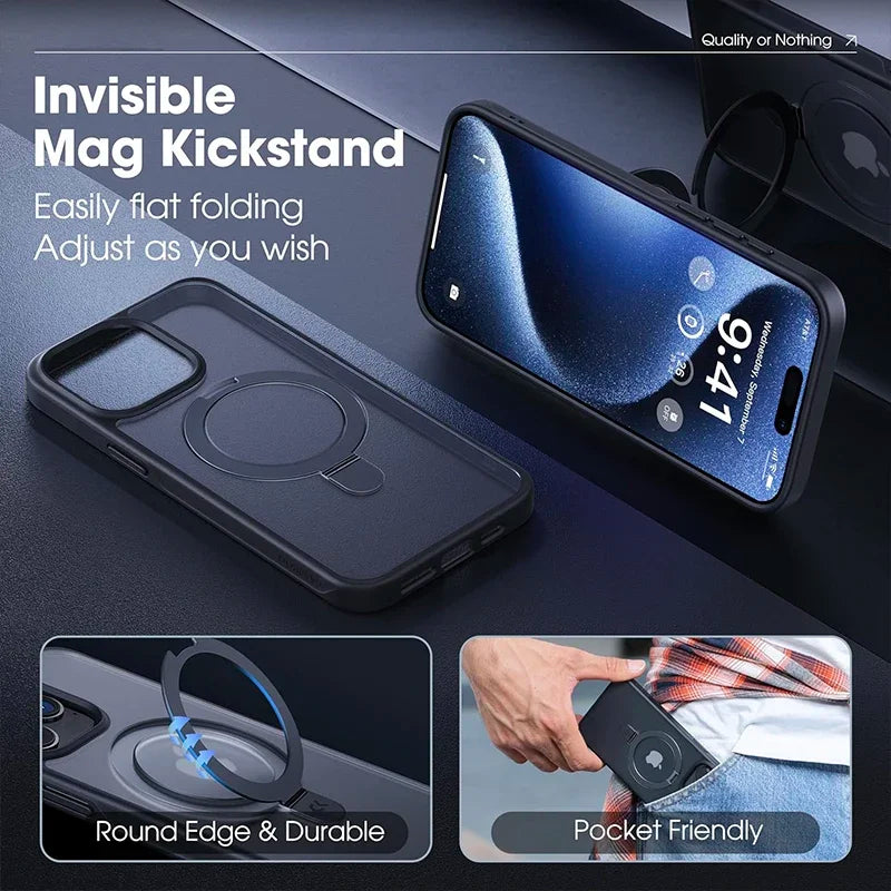 Matte Magnetic iPhone Case with Ring Stand | Translucent Cover for iPhone 11–16 Pro Max, Plus, and Mini
