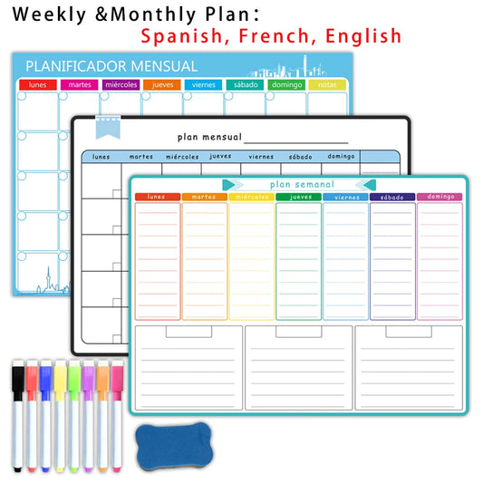 A3 Dry Erase Whiteboard Fridge Calendar – Weekly & Monthly Planner in Spanish, French, English