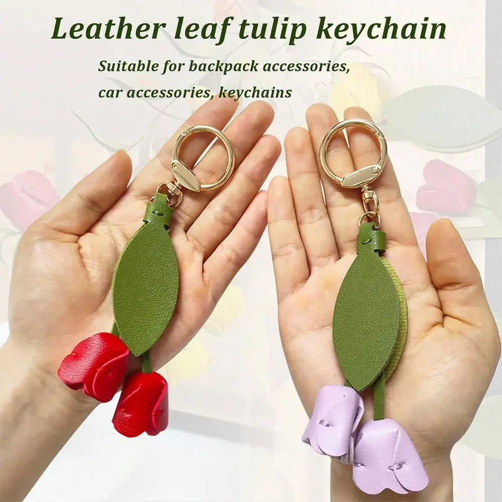 Fashion Tulip PU Leather Bag Charm Keychain – Cute Flower & Leaf Pendant, Creative Handbag Decoration Gift for Family & Friends
