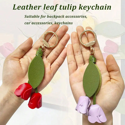 Fashion Tulip PU Leather Bag Charm Keychain – Cute Flower & Leaf Pendant, Creative Handbag Decoration Gift for Family & Friends