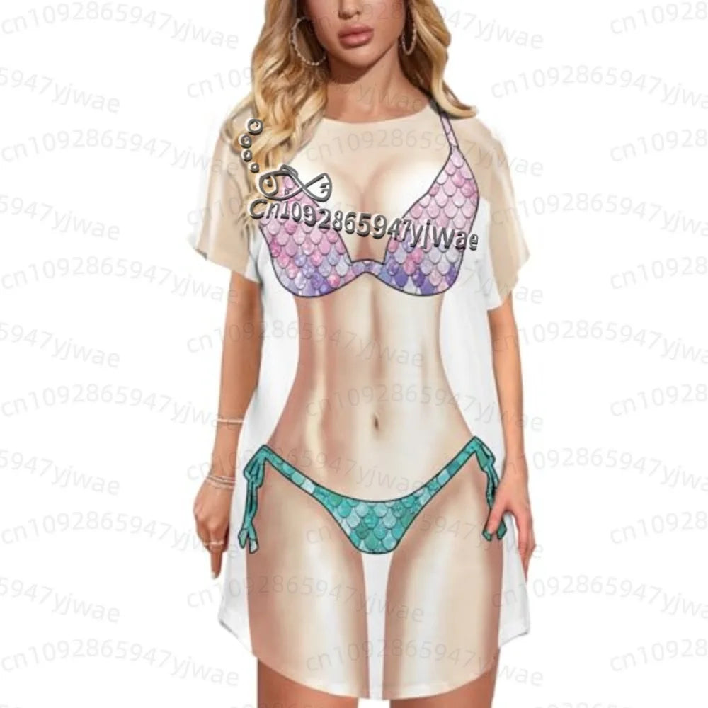 Women's 3D Bikini Print T-Shirt Dress - Casual Short Sleeve Summer Sleep & Home Dress