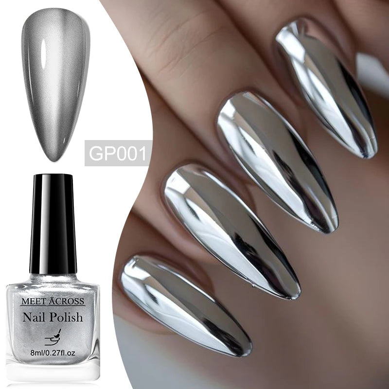 8ml Metallic Mirror Effect Nail Polish – Fast Drying Long-Lasting DIY Manicure Art, No Lamp Cure Nail Supplies