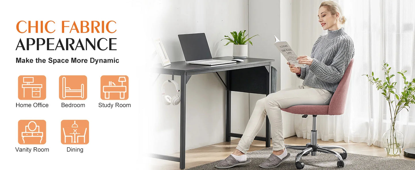 Armless Small Desk Chair – Cute Vanity Swivel Chair with Back, Fabric Upholstery & Wheels for Home & Gaming