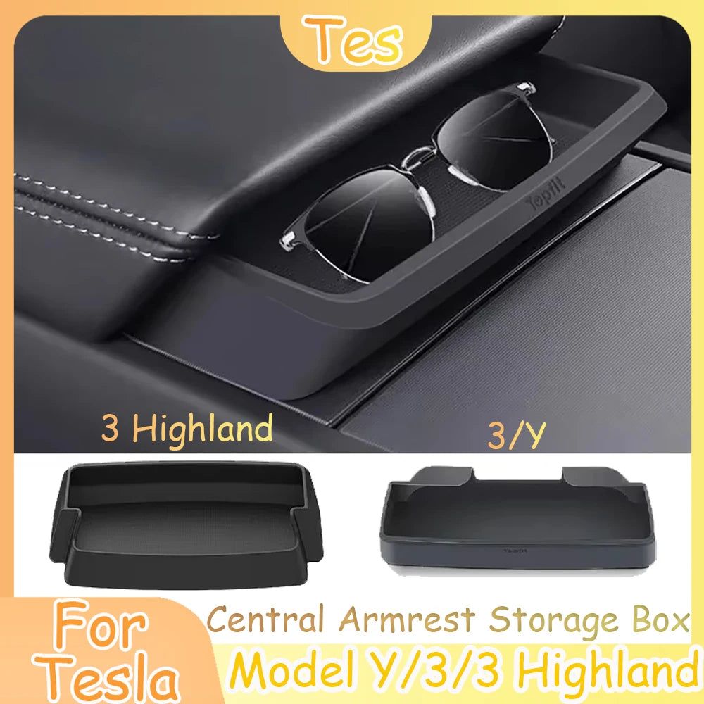 Central Armrest Storage Box for Tesla Model Y/3/3 Highland – Multi-Functional Glasses & Phone Organizer Case, 2024 Accessory
