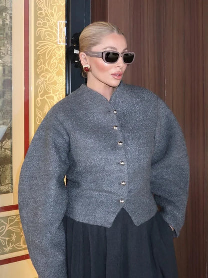 2025 Women's Burgundy Woolen Coat – Fashion Stand Collar, Puff Sleeves, Oversized Elegant High Street Jacket