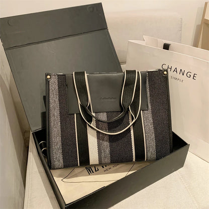 MOODS Quality Canvas Tote Bag for Women 2023 – Luxury Designer Handbag, Contrast Color Striped, Big Shoulder Crossbody Shopper Totes