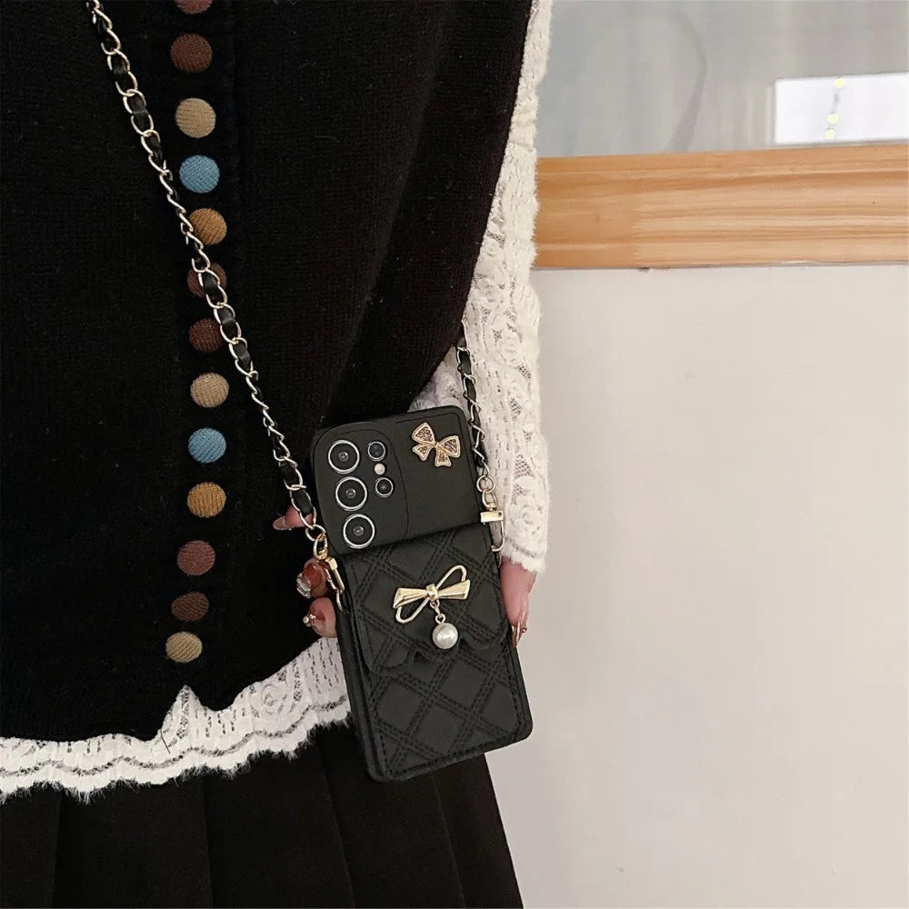 3D Bowknot Crossbody Wallet Phone Case — Card Holder Soft Cover for Samsung Galaxy S25 Ultra / S24 / S23 / S22+ / S21 / S20 FE / Note20
