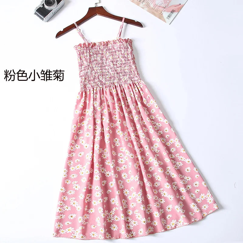 Women’s Summer Mini Dress – Casual Sleeveless Spaghetti Strap Chiffon Dress with Elastic High Waist