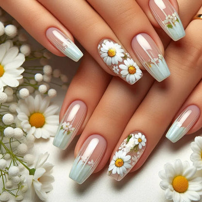 24pcs Blue Golden Stripe Press-On Nails Shiny Powder Long Square Full Cover False Nail Tips Wearable Love Design