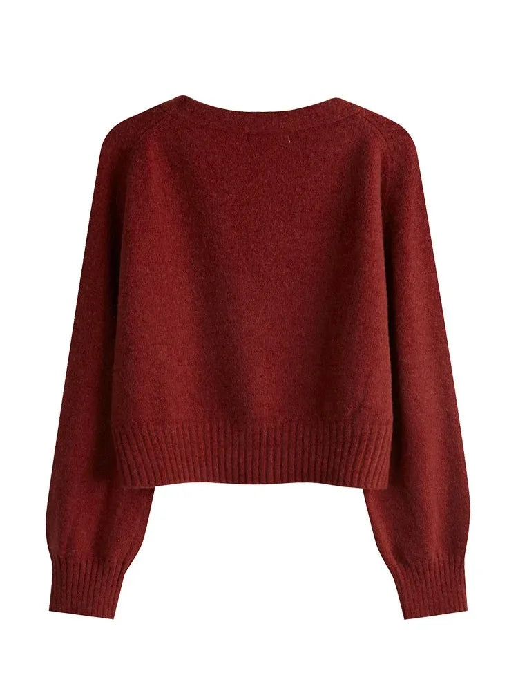 Korean Women's Autumn Winter Knitted Cardigan – Diagonal V-Neck Long Sleeve Single-Breasted Sweater