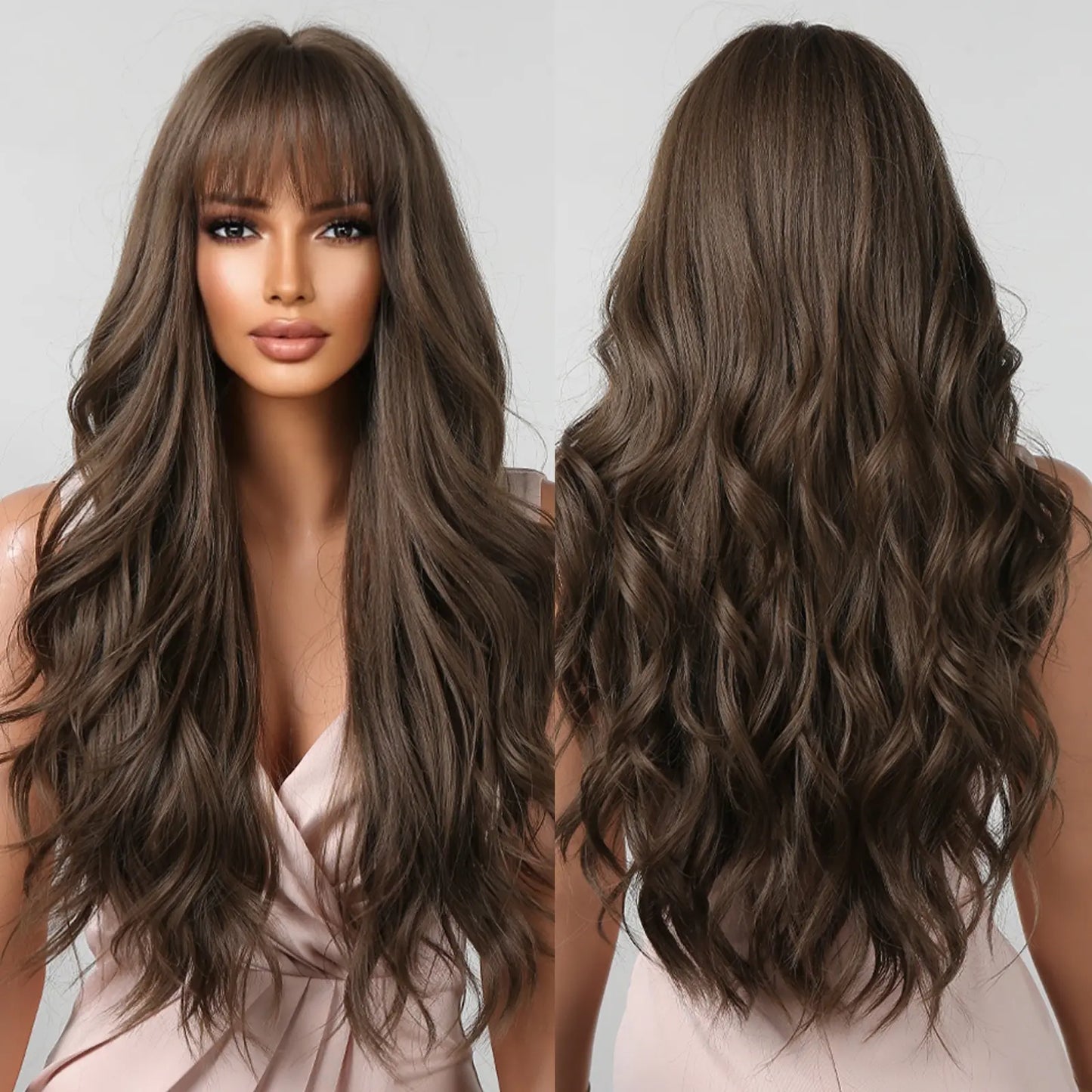 Brown Wavy Long Wig for Women with Bangs — Natural-Look Synthetic Hair, Heat-Resistant for Daily & Cosplay