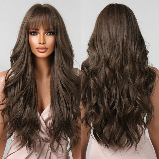 Brown Wavy Long Wig for Women with Bangs — Natural-Look Synthetic Hair, Heat-Resistant for Daily & Cosplay
