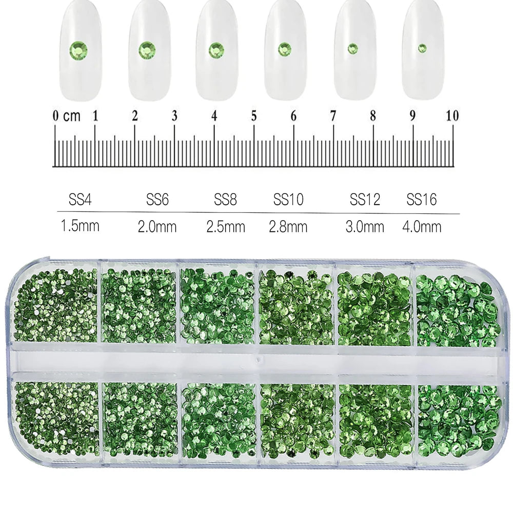 12-Grid Mixed Nail Rhinestones SS6-SS30 – Shiny Flat-Back Gems in Clear, Gold, Pink & Blue for Nail Art Decoration