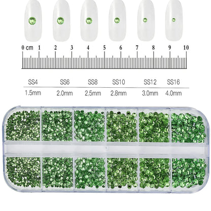 12-Grid Mixed Nail Rhinestones SS6-SS30 – Shiny Flat-Back Gems in Clear, Gold, Pink & Blue for Nail Art Decoration