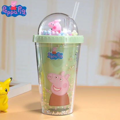 450ML Peppa Pig Plastic Water Bottle – Double-Layer Tumbler with Straw, George Pig Design, Gift for Girls