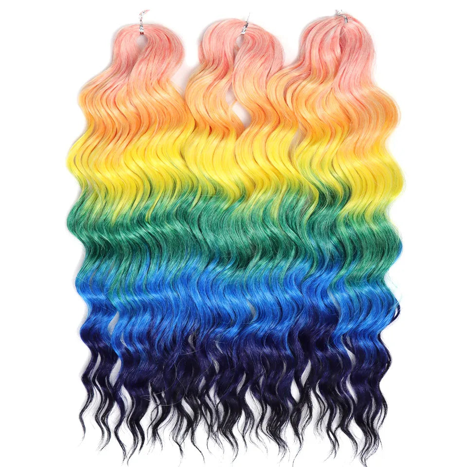 FASHION IDOL 24" Deep Wave Crochet Hair - 3-Piece Synthetic Water Wave Braiding Extensions, Ombre Rainbow Twist Hair