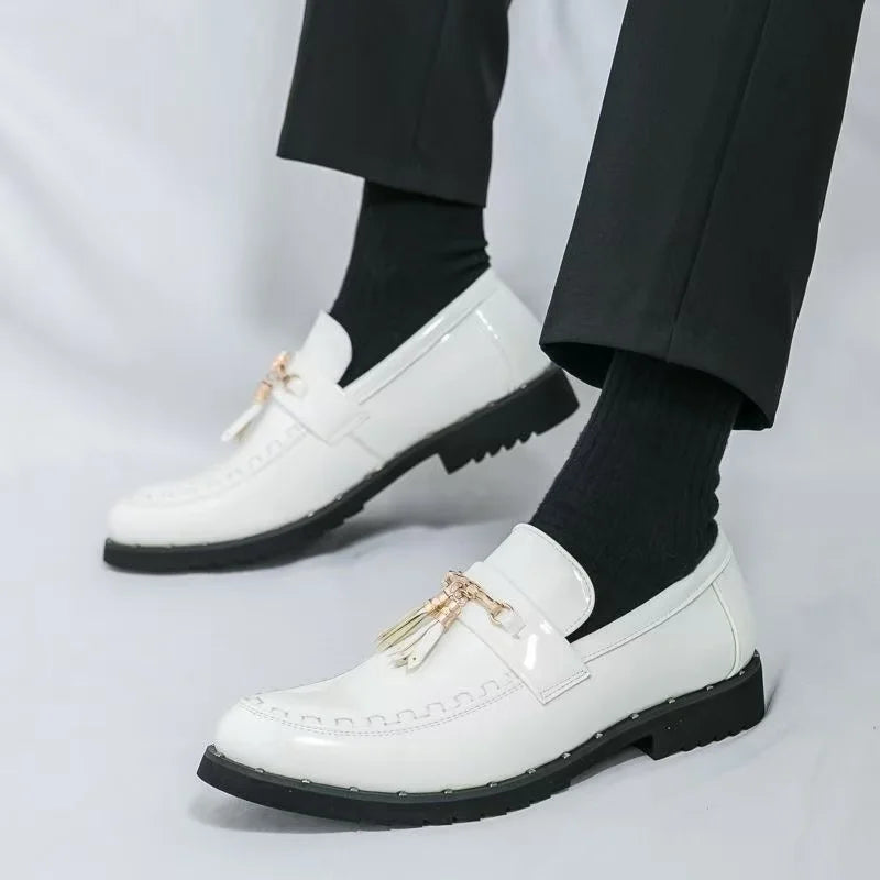 Men’s Gold Patent Leather Moccasins - Pointed Toe Luxury Business & Formal Dress Shoes
