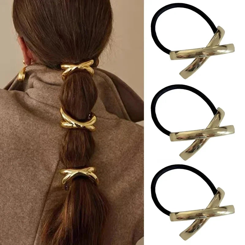 3PCS Geometric Hair Ties — Elastic Rubber Bands with Gold & Silver Metal Charms, Hair Cuffs for Women & Girls Accessories