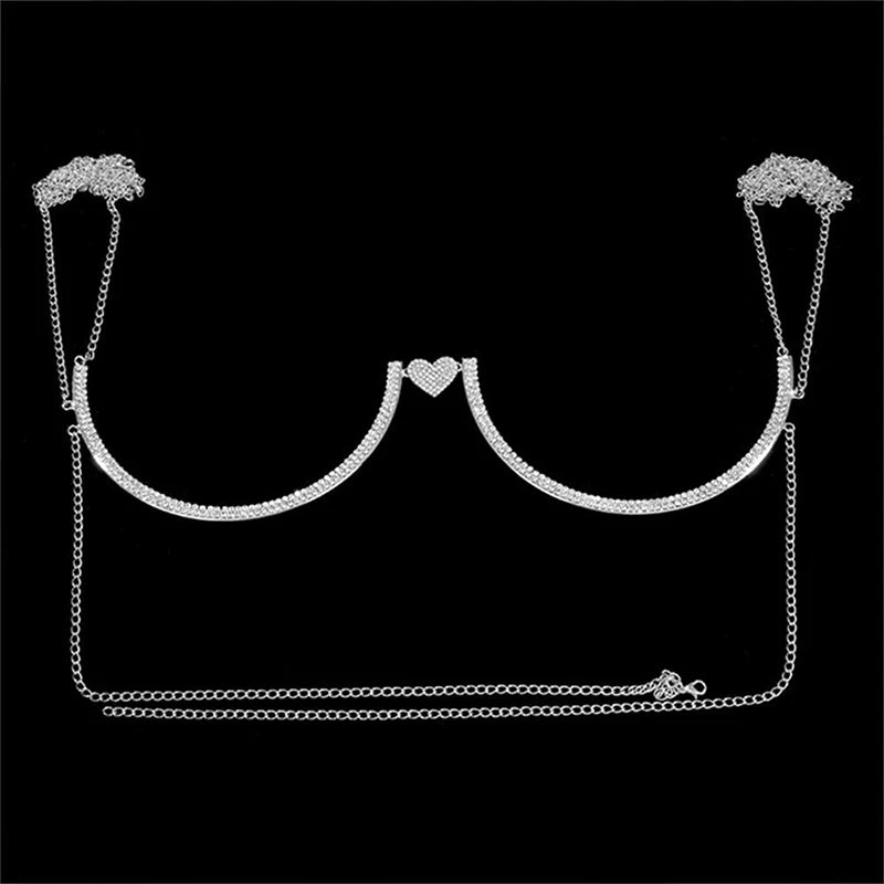 Women’s Heart Rhinestone Body Chain Bra – Chest Jewelry Bikini Halter Top with Breast Support for Parties & Banquets