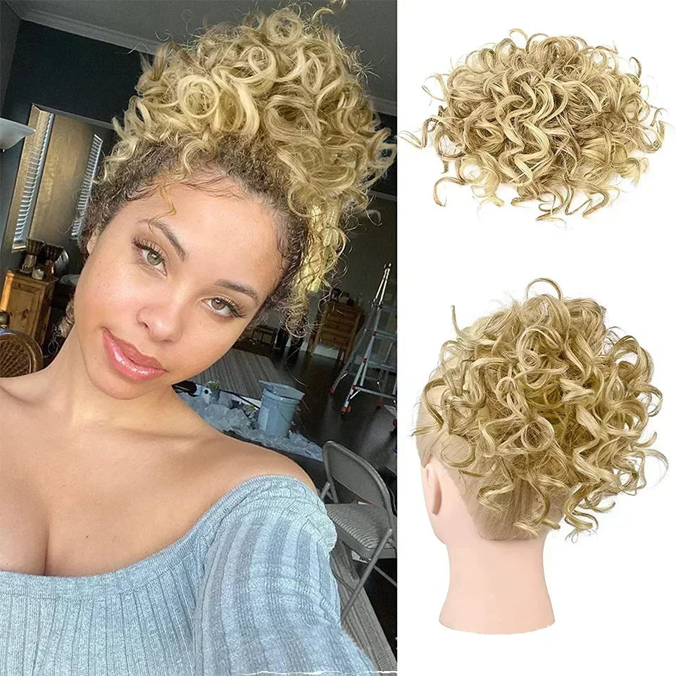 Synthetic Messy Curly Hair Bun – Short Loose Wave Updo Ponytail, Blonde Chignon Hairpiece, Heat-Resistant Extensions for Women
