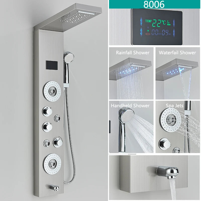 LED Light Bathroom Shower Faucet Set - Rainfall Shower Panel System with Temperature Display, Water Mixer Tap, and SPA Massage Feature