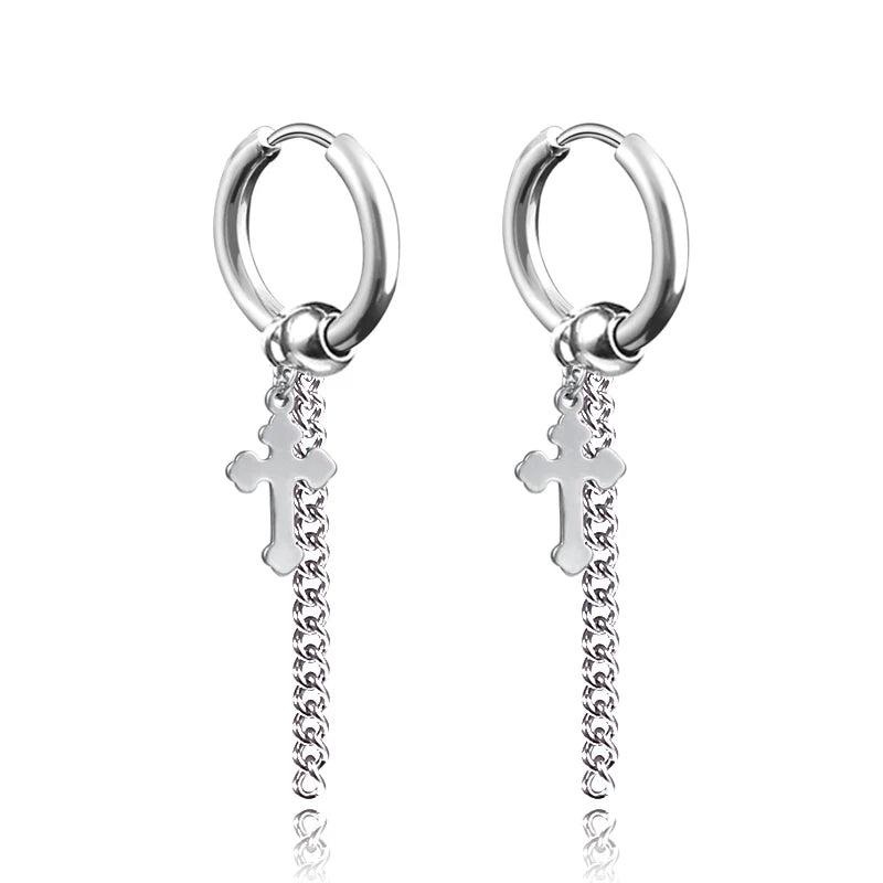 Long Hanging Cross & Leaf Hoop Earrings – Vintage Stainless Steel Hip Hop Unisex Jewelry Accessories