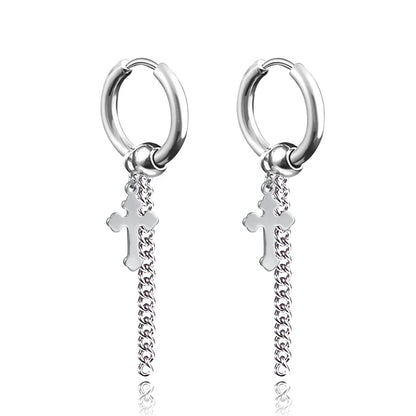 Long Hanging Cross & Leaf Hoop Earrings – Vintage Stainless Steel Hip Hop Unisex Jewelry Accessories