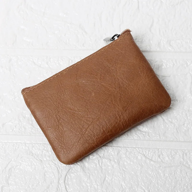Leather Mini Coin Purse – Unisex Retro Handmade Cowhide Small Wallet with Zipper & Key Case