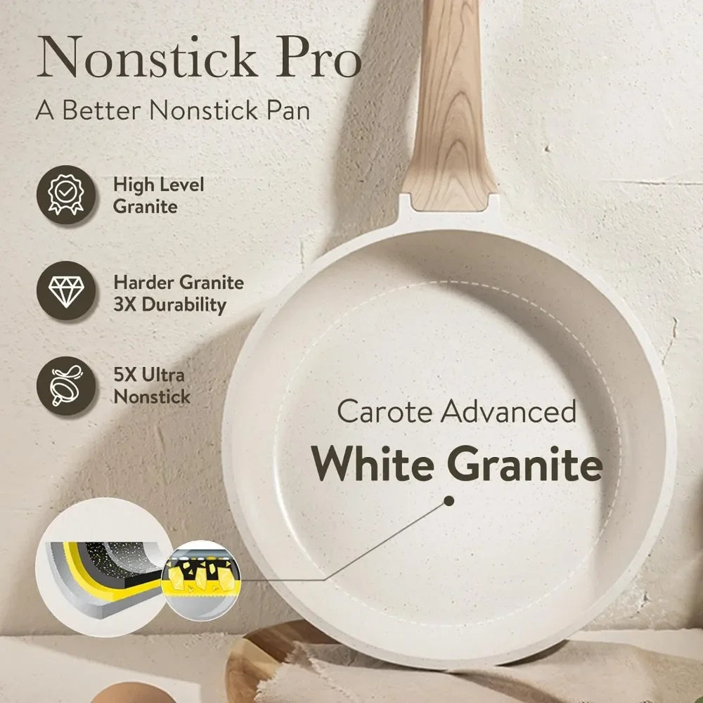 11 Piece White Granite Nonstick Cookware Set - Induction Kitchen Pots and Pans with Frying Pans