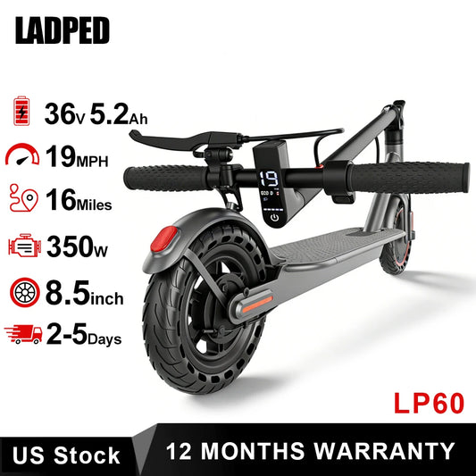 2026 LADPED LP60 Electric Scooter - 350W Folding E-Scooter with 19MPH Speed, 16-Mile Range & 8.5-Inch Tires for Adults