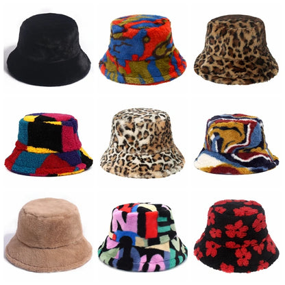Women’s Winter Bucket Hat – Fashion Leopard Panama, Warm Vintage Faux Fur Fisherman Cap