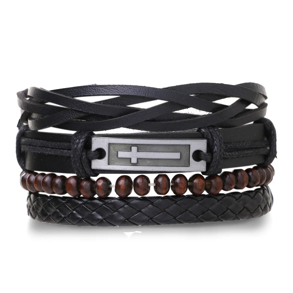4Pcs Men's Braided Leather Bracelets Set – Vintage Life Tree & Rudder Charms, Wood Beads, Ethnic Tribal Wristbands