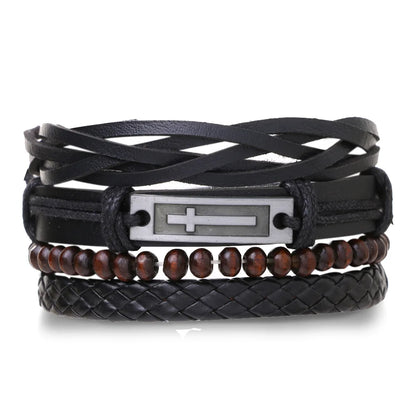 4Pcs Men's Braided Leather Bracelets Set – Vintage Life Tree & Rudder Charms, Wood Beads, Ethnic Tribal Wristbands