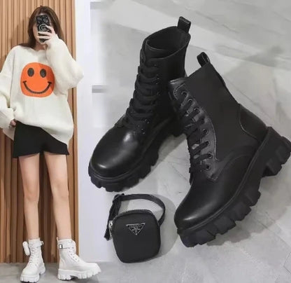 Women's Leather Oxford Motorcycle Boots – Lace-Up Platform Wedge Shoes in White, Black, and Rinse