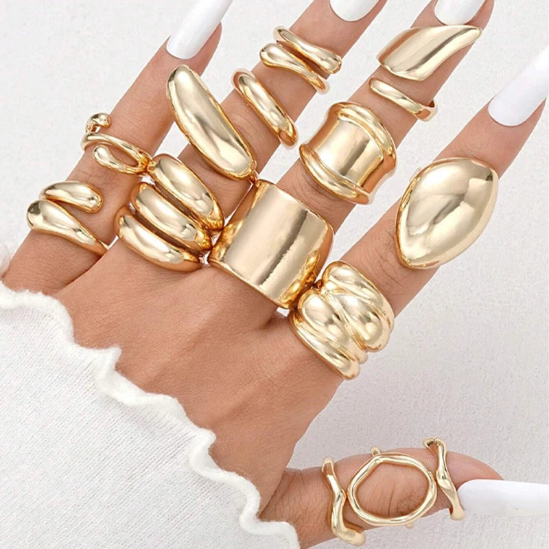 14pcs Gold Geometric Rings Set for Women – Wide Face Smooth Asymmetrical Fashion Jewelry Gift
