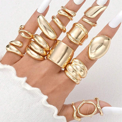 14pcs Gold Geometric Rings Set for Women – Wide Face Smooth Asymmetrical Fashion Jewelry Gift