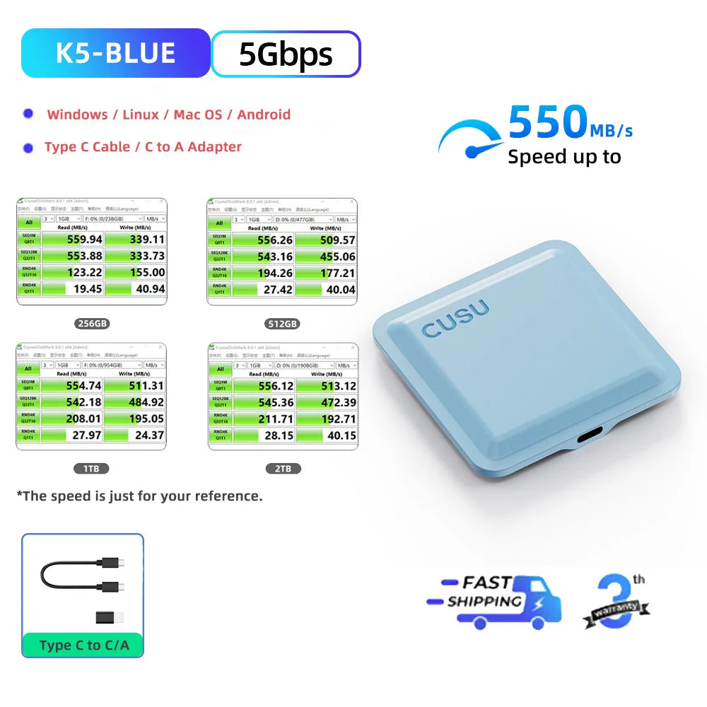 CUSU Portable External SSD Drive 256GB/512GB/1TB/2TB Type-C Solid State Drive for Phone, Laptop & Fast Data Storage