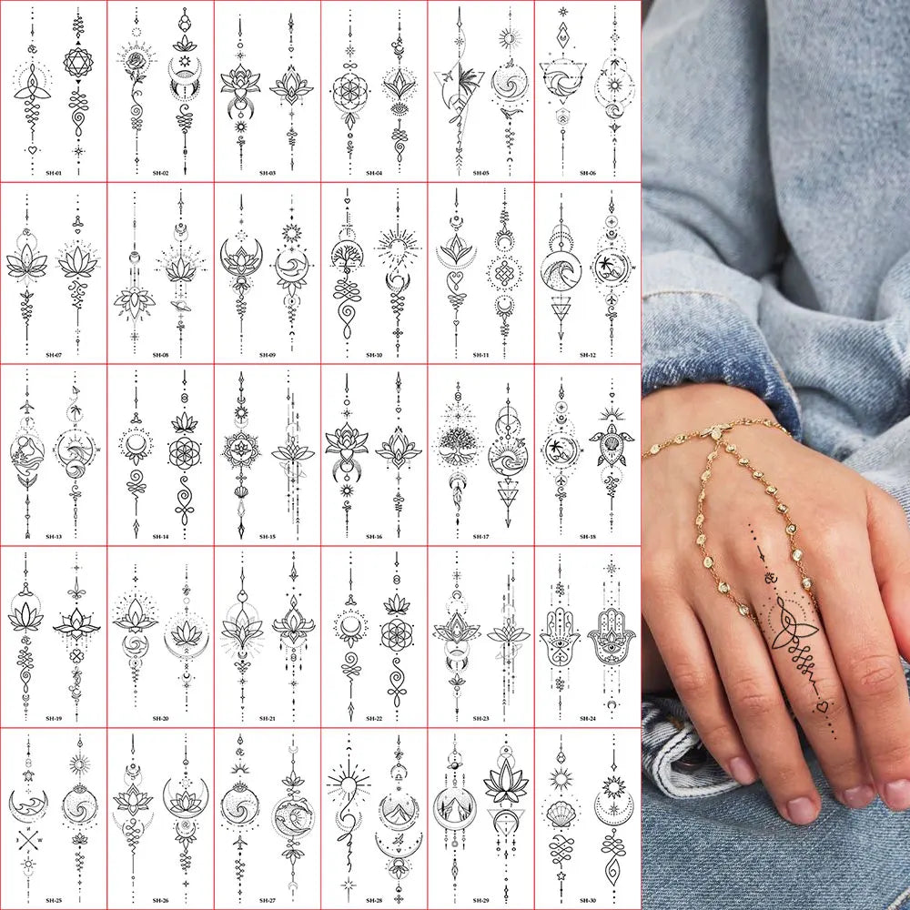 30pcs Black Temporary Tattoo Stickers - Flower Butterfly Rose Moon Star Mandala Designs for Hand, Chest & Body Art