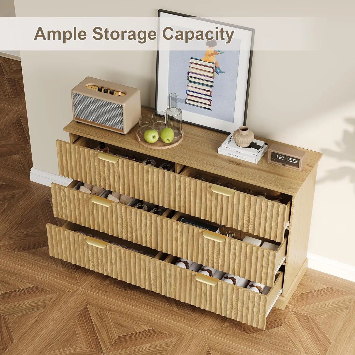 53" 6-Drawer Fluted Wood Dresser – Natural Oak Chest with Metal Handles for Bedroom, Living Room & Entryway Storage (Customizable)
