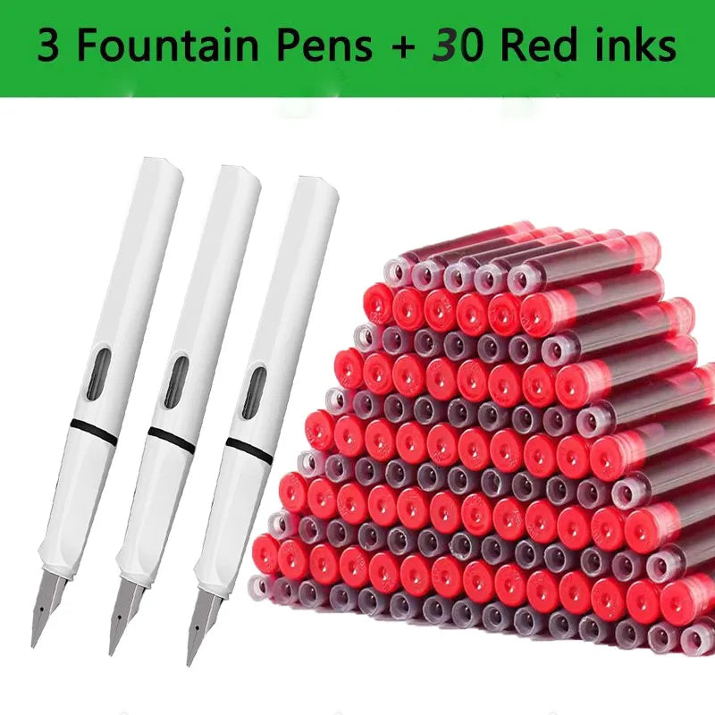 33PCS Kawaii Fountain Pen & Ink Set - Black Blue Red EF 0.38mm Replaceable Ink Pens for School Office Writing Supplies