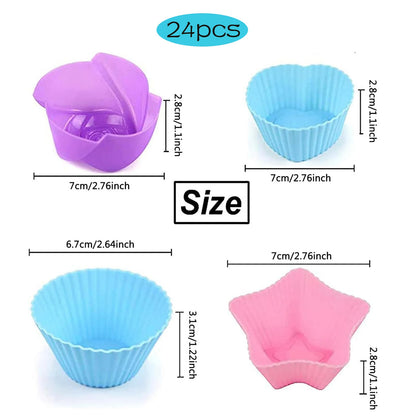 24Pcs Colorful Silicone Cupcake Liners - Reusable Baking Cups for Nonstick, Easy Clean Pastry Muffin Molds - 4 Shapes
